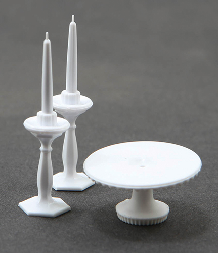 Dollhouse Miniature Cake Plate W/2 Candlesticks, White